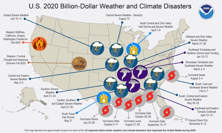 Map presenting the 2020 U.S. billion-dollar weather and climate events